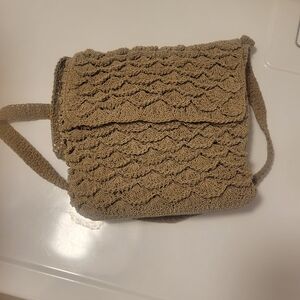 Tan Crochet Shoulder Bag with Scalloped Design